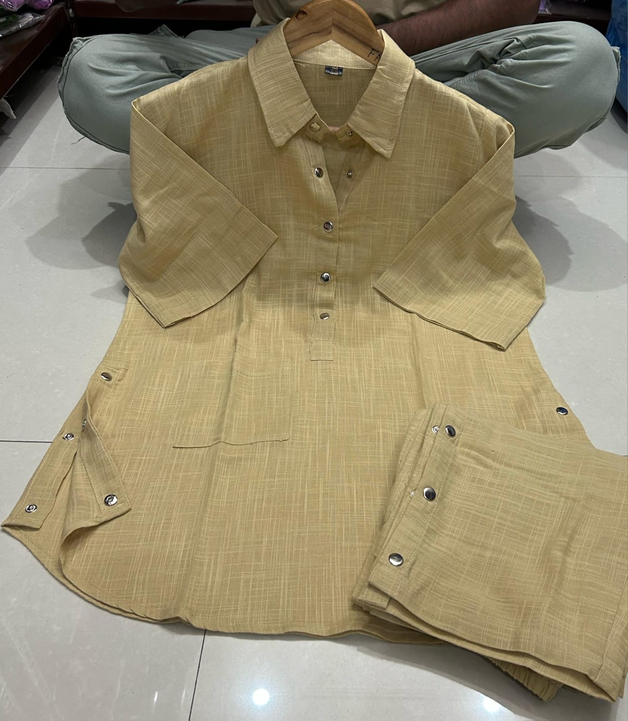 Women's Cotton Slub Boxy Shirt & Side-Button Pants Co-ord Set