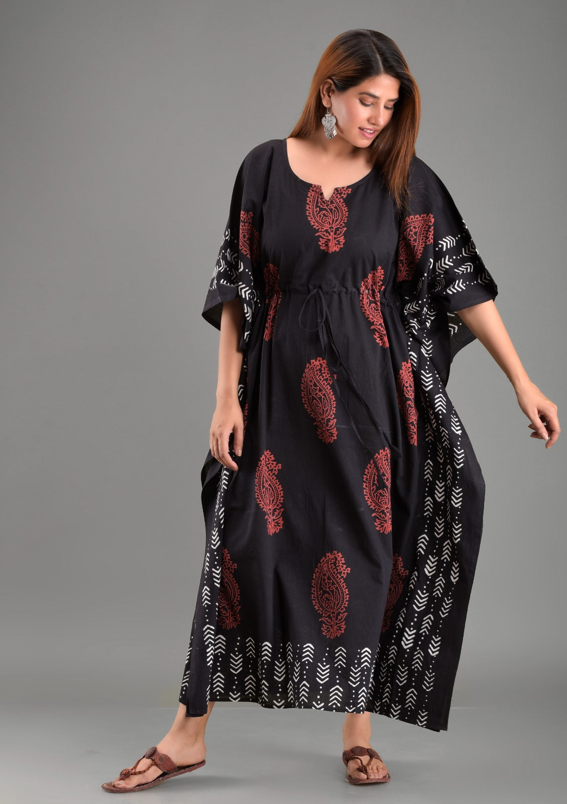 Women's Black Paisley Print Cotton Kaftan Dress