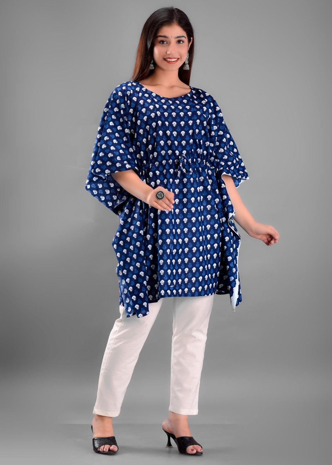 Women's Blue Block Print Cotton Kaftan Top