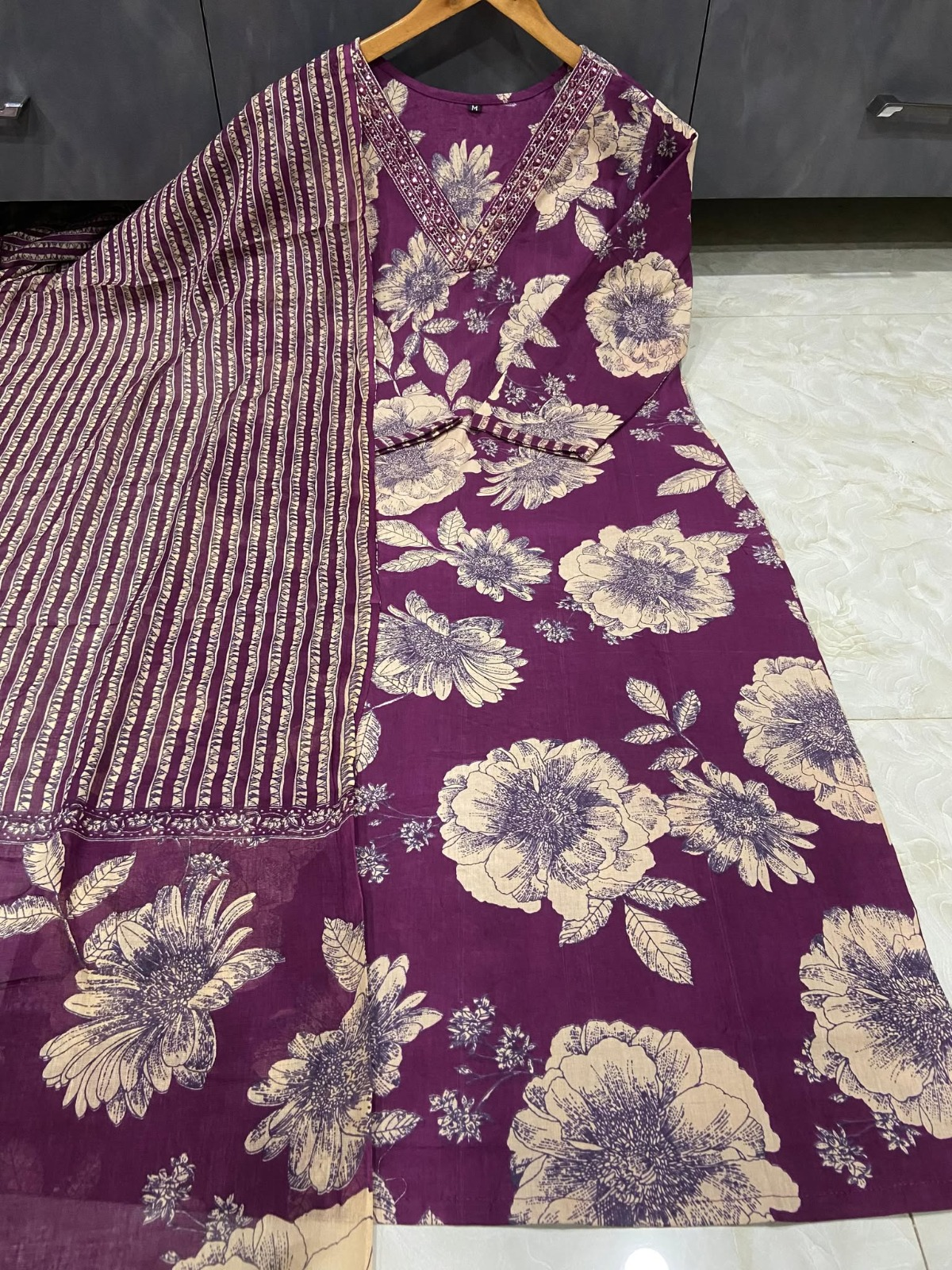 Women's Pure Cotton Floral Kurta Set with Striped Pant & Dupatta