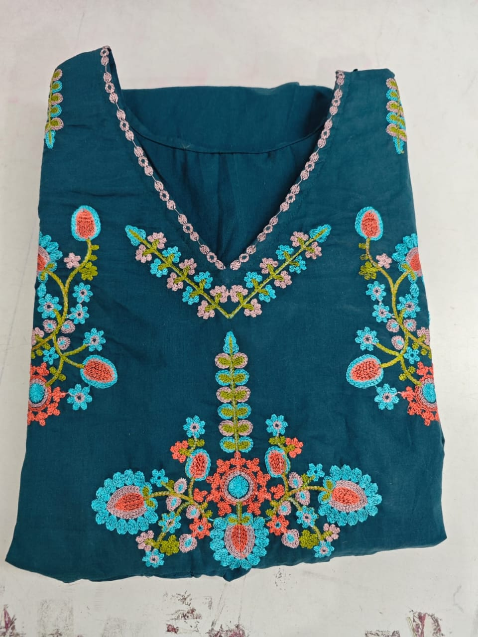 Women's Teal Blue Embroidered Tiered Cotton Midi Dress