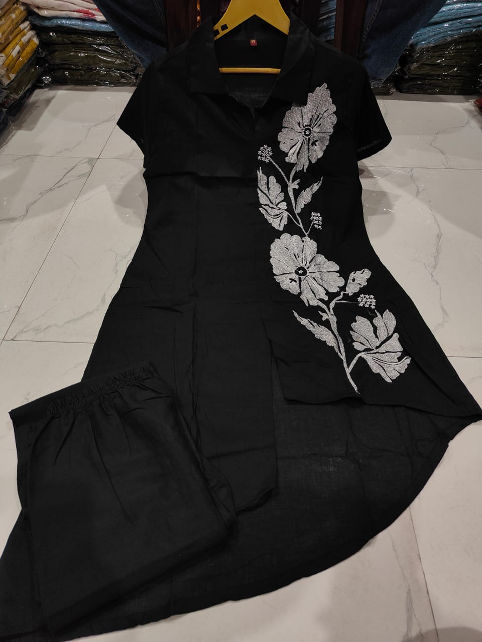 Women's Black Asymmetric Co-ord Set with Large Floral Embroidery