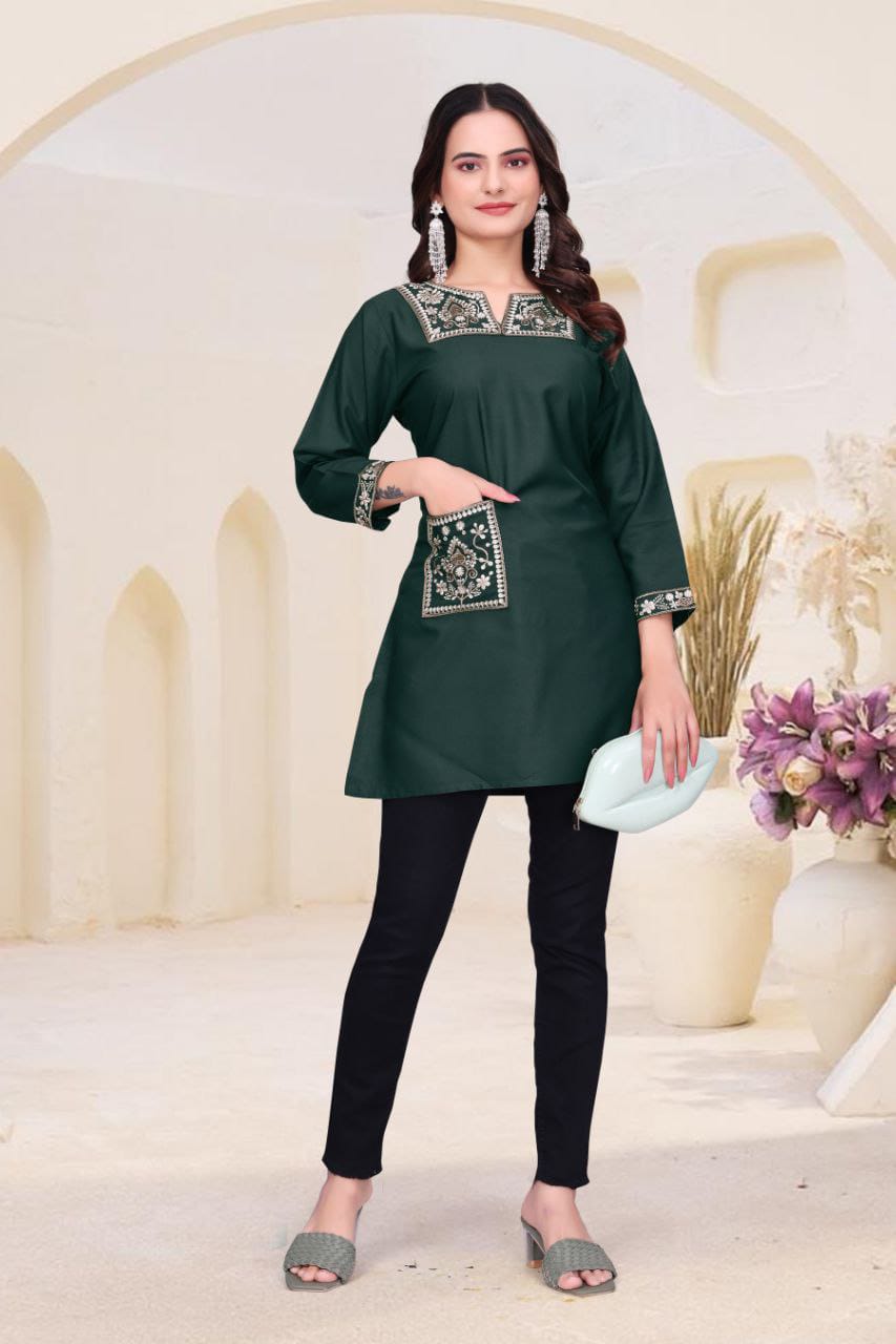 Women's Heavy Rayon Short Kurti with Embroidery & Pocket