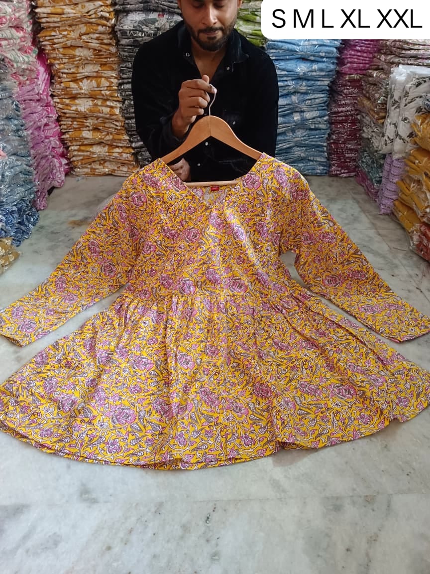 Women's Yellow Floral Print Cotton Frock Style Short Kurti