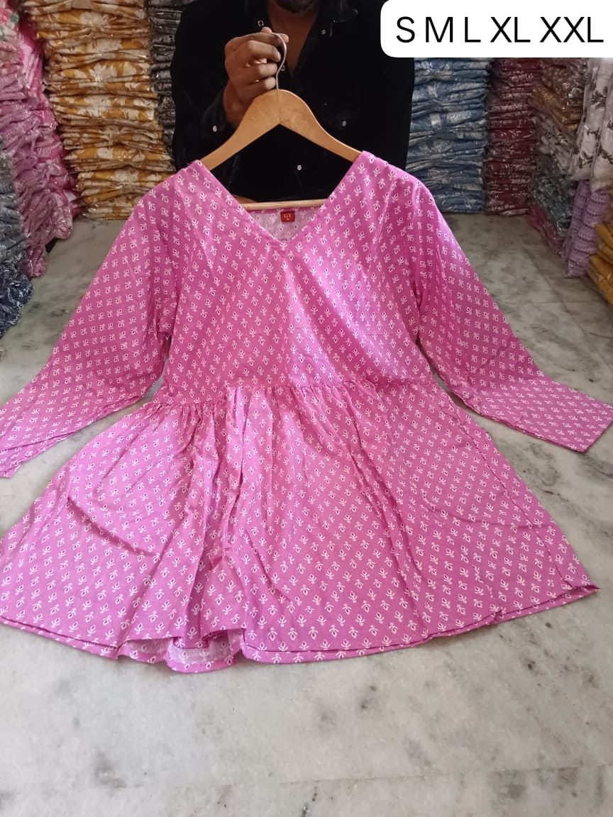 Women's Pink Geometric Print Cotton Frock Style Short Kurti