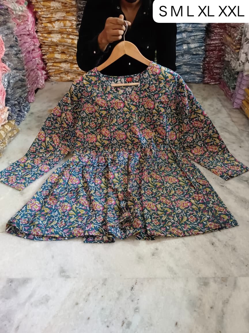 Women's Blue Jaal Print Cotton Frock Style Short Kurti