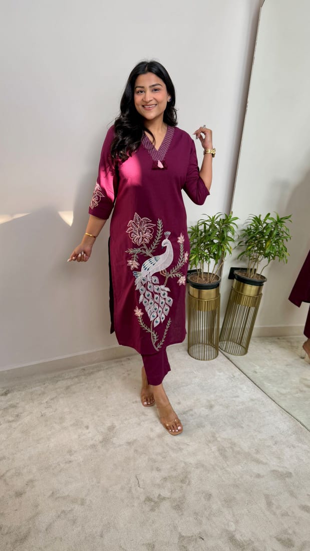 Women's Cotton Kurti Set with Exquisite Peacock Embroidery