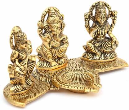 Gold Plated Lakshmi Ganesh Saraswati Idol with Deepak Showpiece
