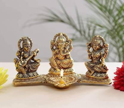 Gold Plated Lakshmi Ganesh Saraswati Idol with Deepak Showpiece