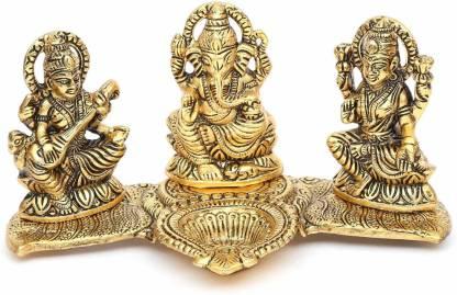 Gold Plated Lakshmi Ganesh Saraswati Idol with Deepak Showpiece