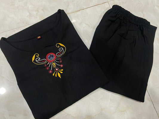 Women's Black Mirror Work Cotton Slub Kurta Set
