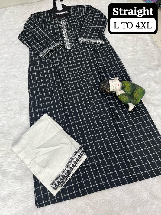 Women's Black Check Cotton Kurti Set