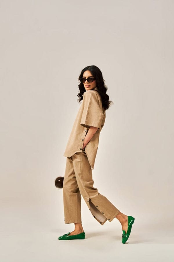 Women's Cotton Slub Boxy Shirt & Side-Button Pants Co-ord Set