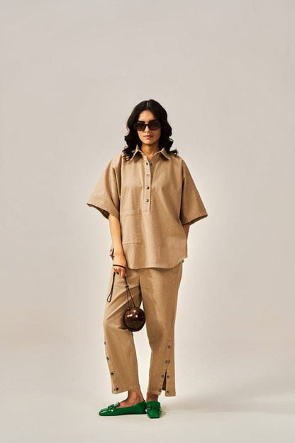 Women's Cotton Slub Boxy Shirt & Side-Button Pants Co-ord Set