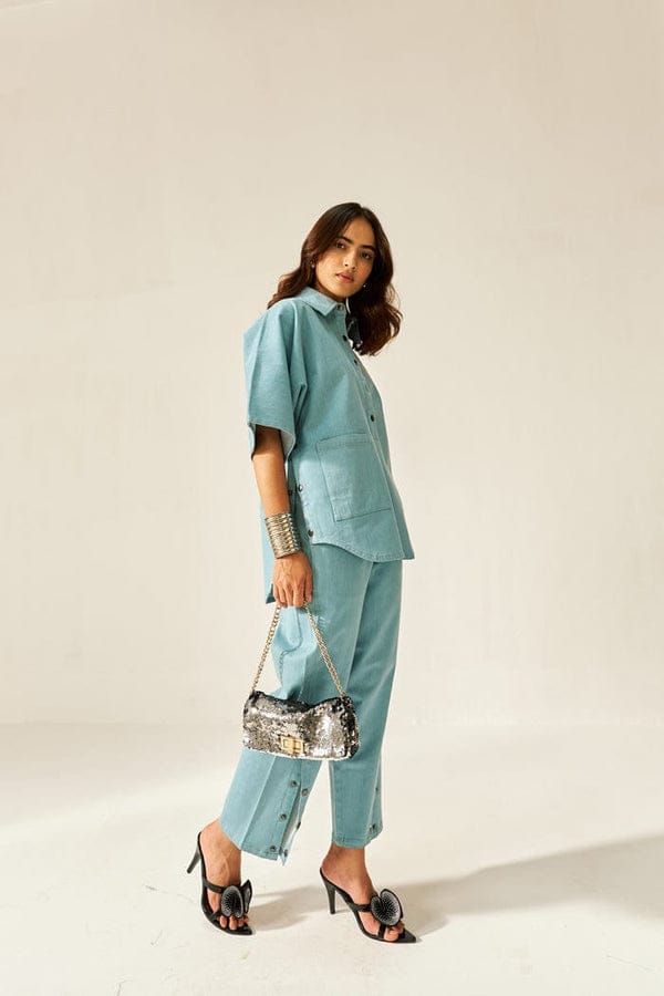 Women's Cotton Slub Boxy Shirt & Side-Button Pants Co-ord Set