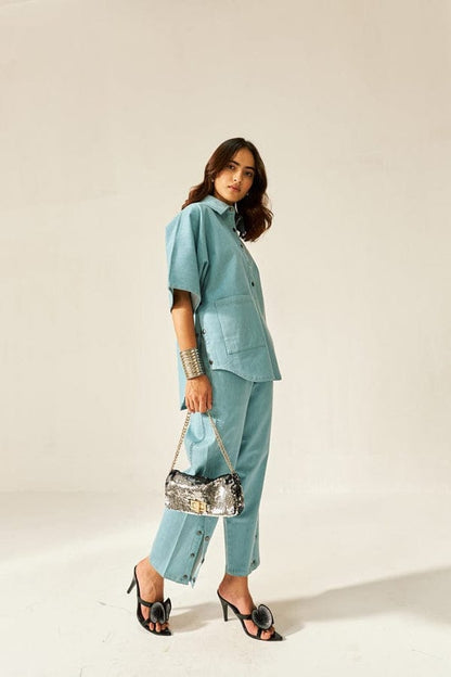 Women's Cotton Slub Boxy Shirt & Side-Button Pants Co-ord Set