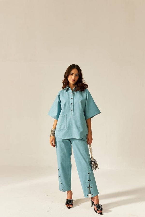 Women's Cotton Slub Boxy Shirt & Side-Button Pants Co-ord Set