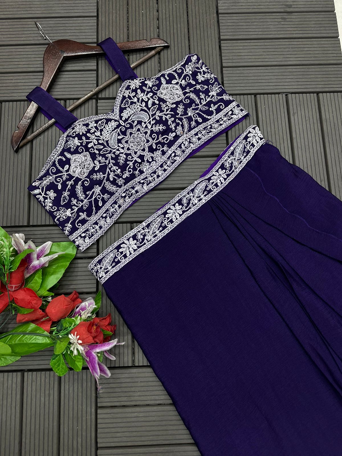 Heavy Embroidered Chinon Koti & Draped Sharara