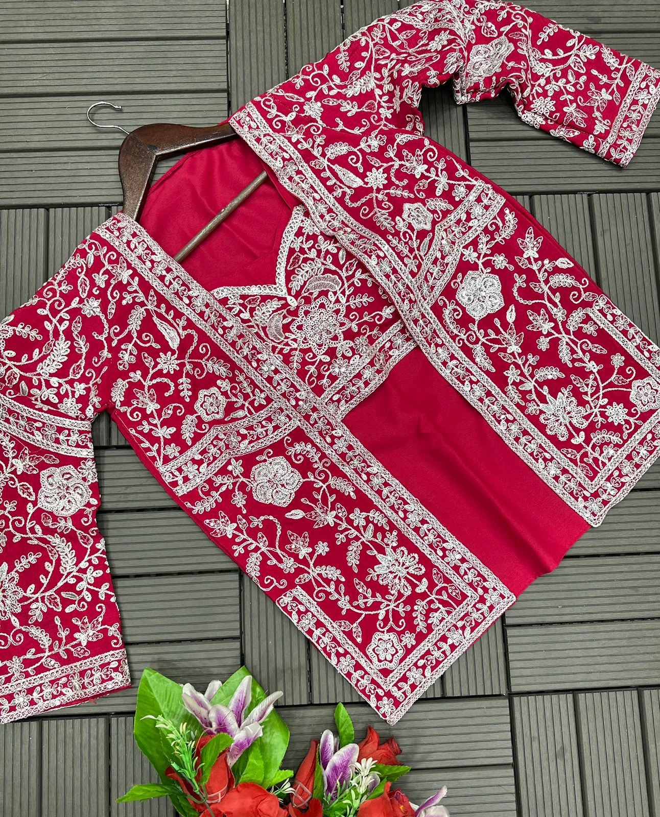 Heavy Embroidered Chinon Koti & Draped Sharara