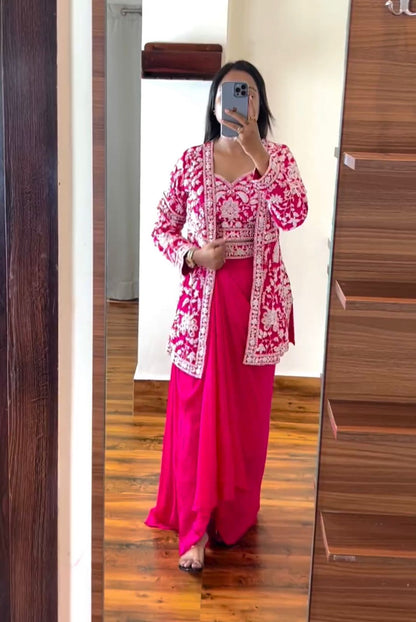 Heavy Embroidered Chinon Koti & Draped Sharara