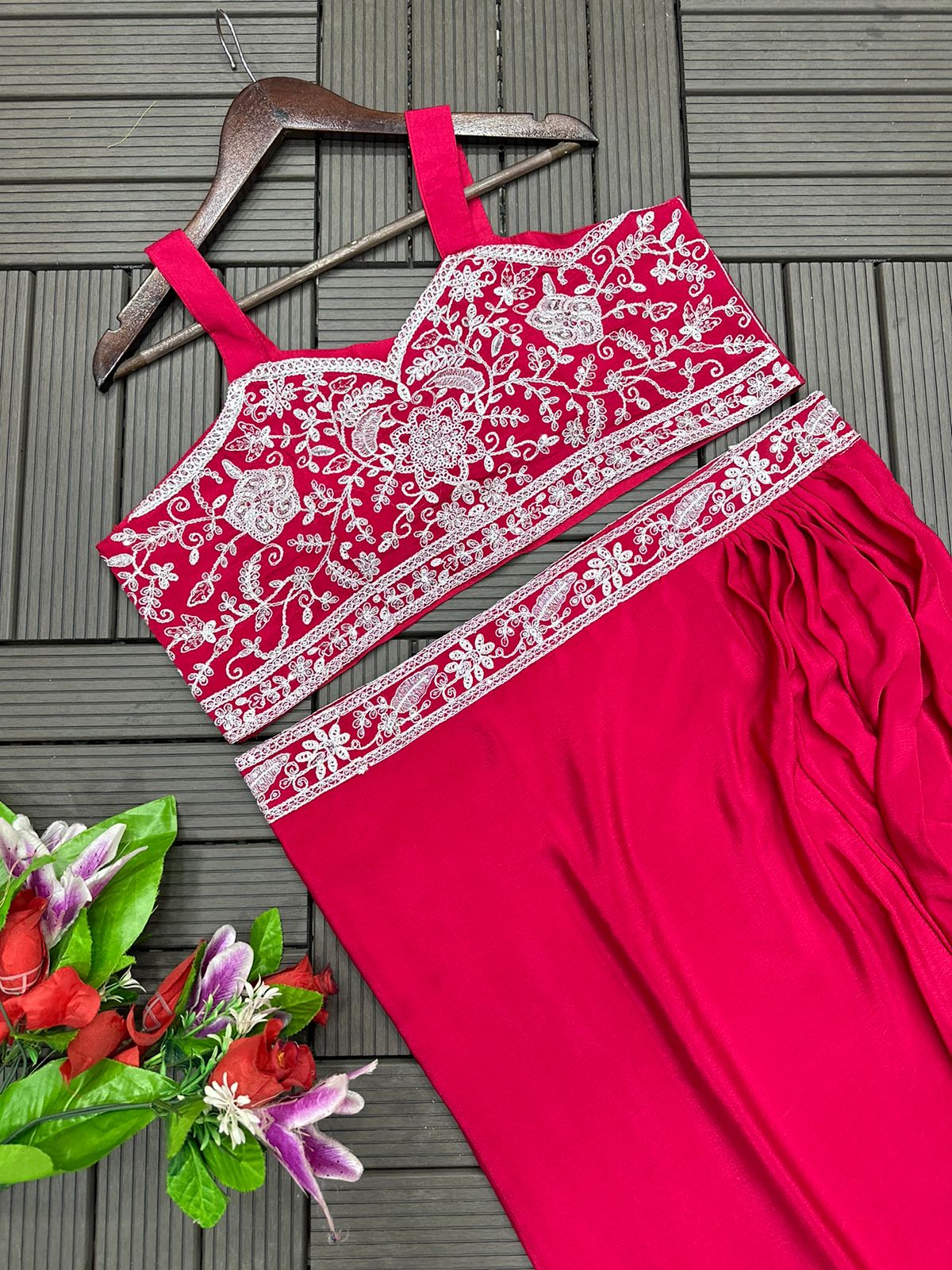 Heavy Embroidered Chinon Koti & Draped Sharara