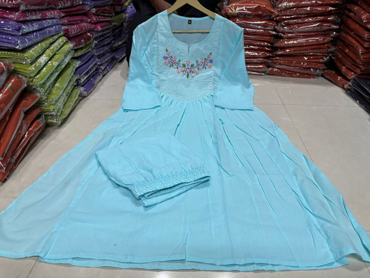 Women's Cotton 60*60 A-Line Kurti Set with Yoke Embroidery