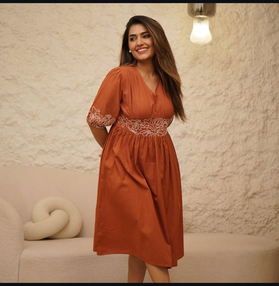 Women's Cotton Gown Style Dress with Embroidery & Puff Sleeves