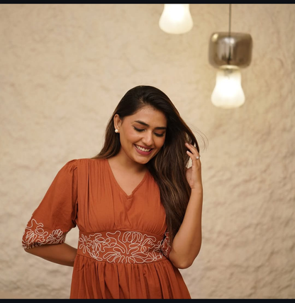 Women's Cotton Gown Style Dress with Embroidery & Puff Sleeves