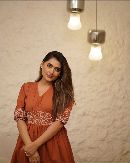 Women's Cotton Gown Style Dress with Embroidery & Puff Sleeves