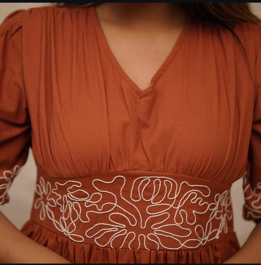 Women's Cotton Gown Style Dress with Embroidery & Puff Sleeves