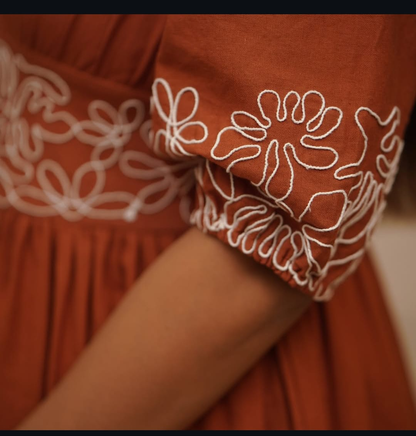 Women's Cotton Gown Style Dress with Embroidery & Puff Sleeves