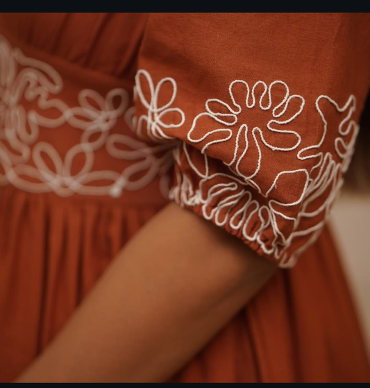 Women's Cotton Gown Style Dress with Embroidery & Puff Sleeves