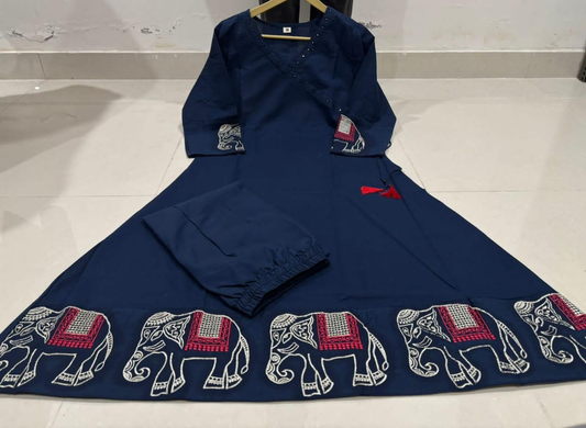 Women's Black Cotton A-Line Kurta Set with Gold Elephant Foil Print