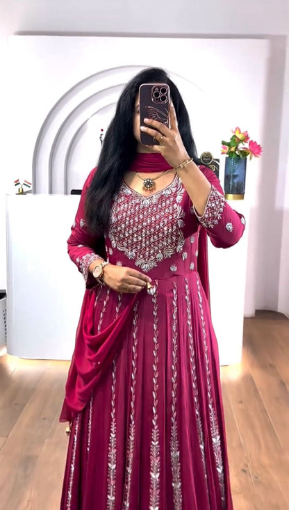 Designer Chinon Anarkali Gown with Heavy Embroidery & Dupatta