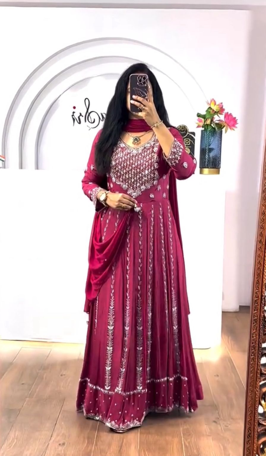 Designer Chinon Anarkali Gown with Heavy Embroidery & Dupatta
