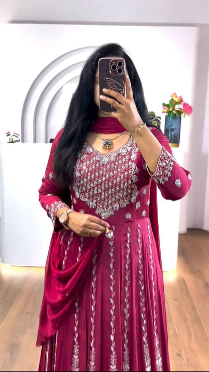 Designer Chinon Anarkali Gown with Heavy Embroidery & Dupatta