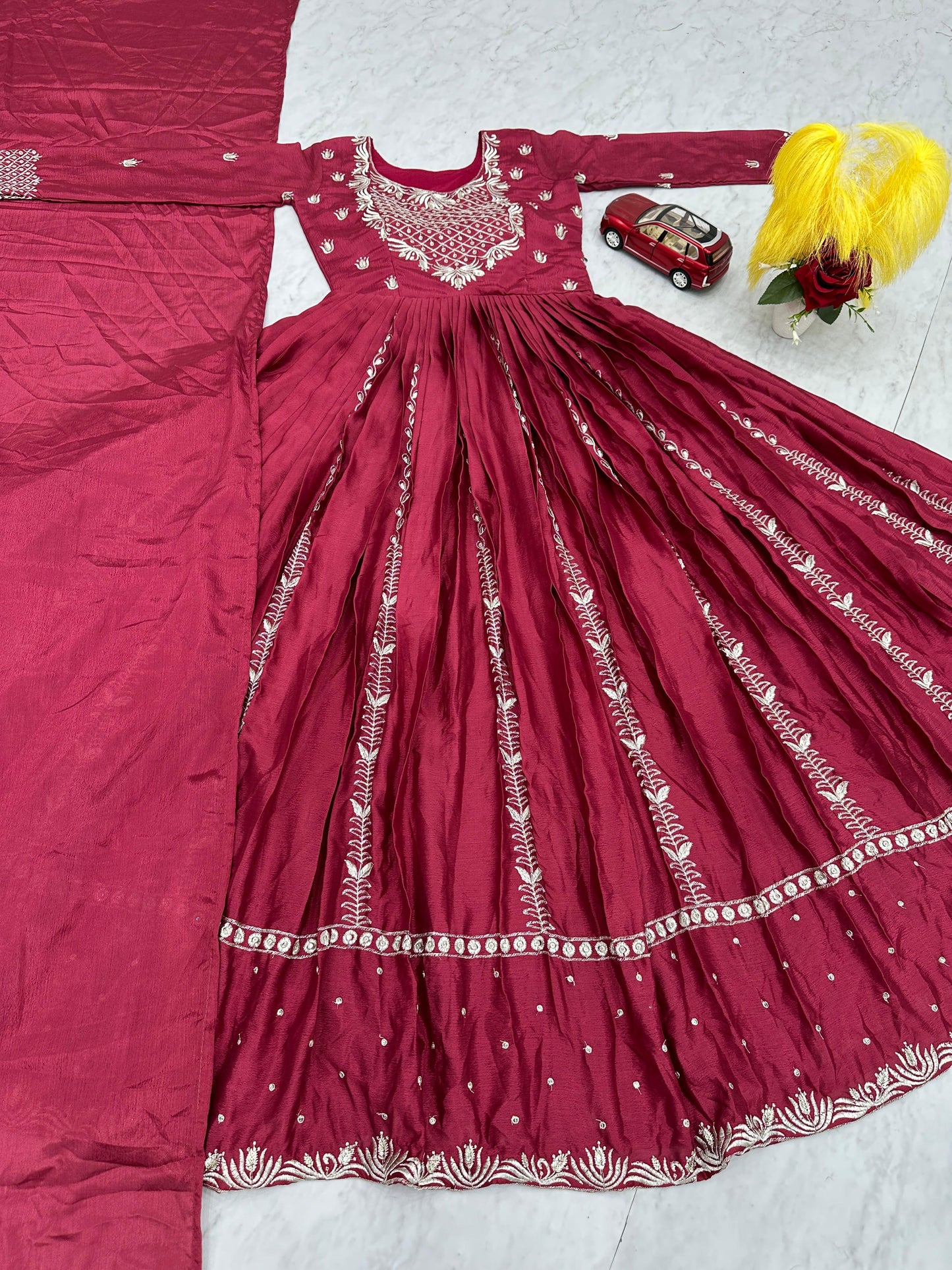 Designer Chinon Anarkali Gown with Heavy Embroidery & Dupatta