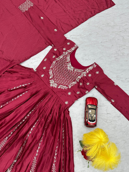 Designer Chinon Anarkali Gown with Heavy Embroidery & Dupatta