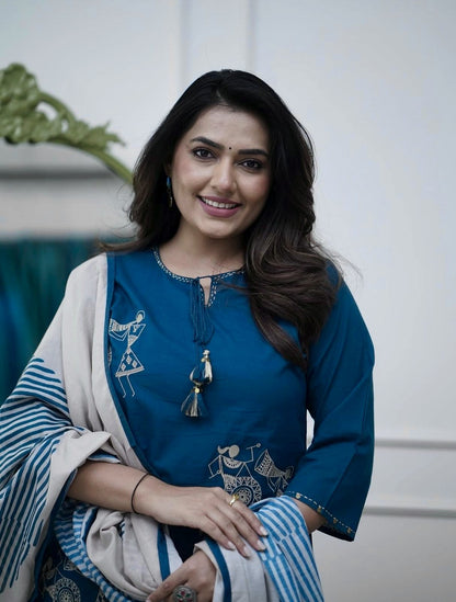 Women's Warli Art Embroidered Cotton Kurta Set