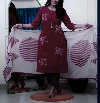 Women's Warli Art Embroidered Cotton Kurta Set