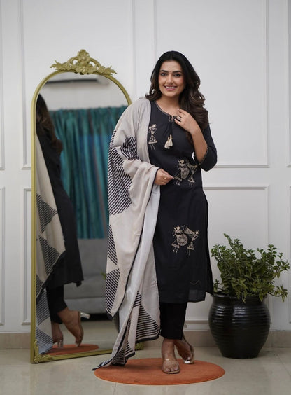 Women's Warli Art Embroidered Cotton Kurta Set