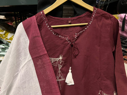 Women's Warli Art Embroidered Cotton Kurta Set