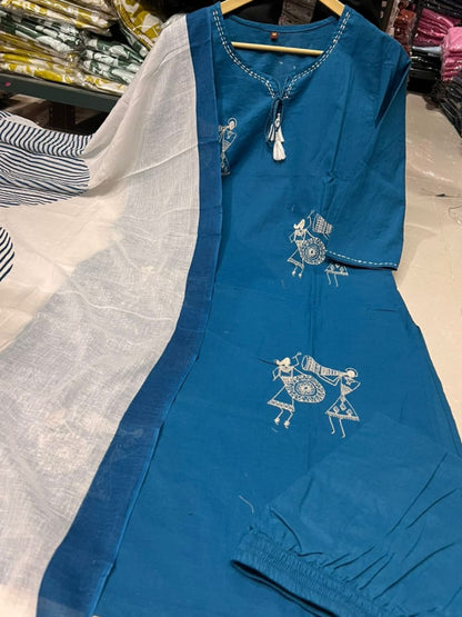 Women's Warli Art Embroidered Cotton Kurta Set