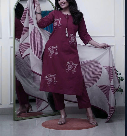Women's Warli Art Embroidered Cotton Kurta Set