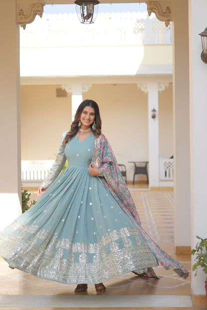 Designer Georgette Anarkali Gown with Tabby Silk Cutwork Dupatta