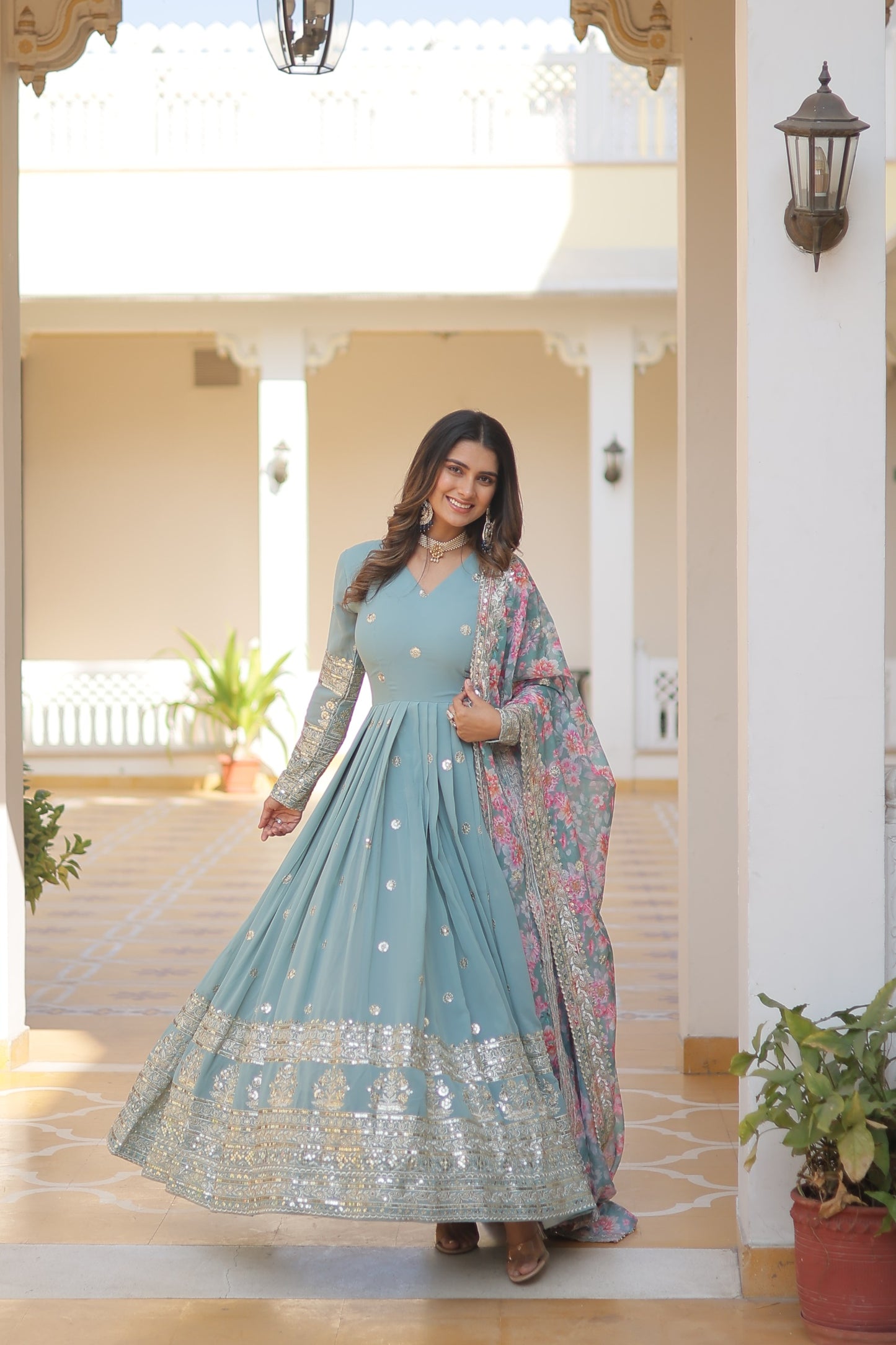 Designer Georgette Anarkali Gown with Tabby Silk Cutwork Dupatta