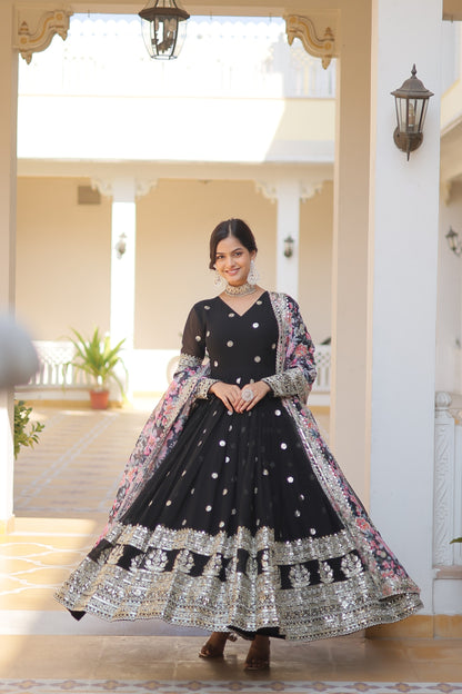 Designer Georgette Anarkali Gown with Tabby Silk Cutwork Dupatta