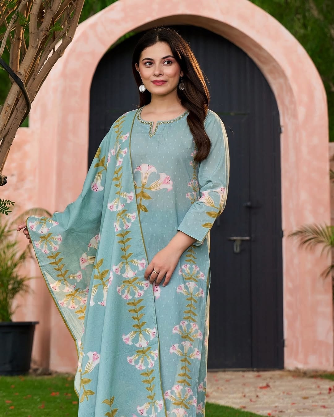 Women's Elegant Floral Embroidered Cotton Suit Set