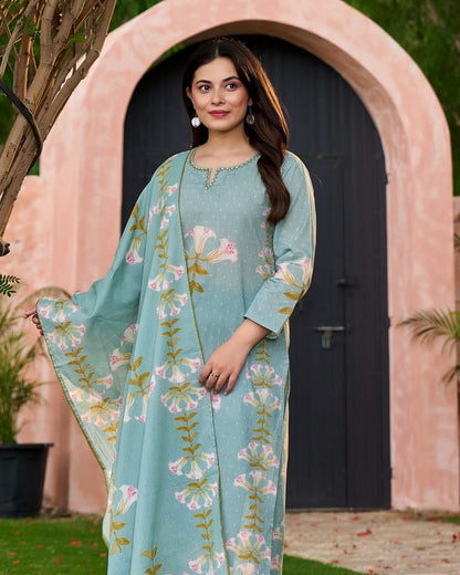 Women's Elegant Floral Embroidered Cotton Suit Set