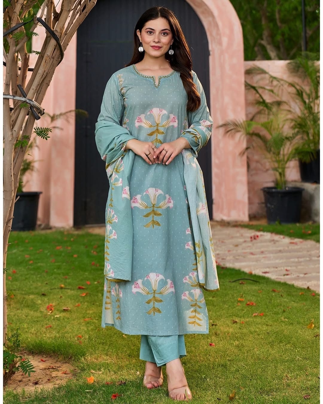 Women's Elegant Floral Embroidered Cotton Suit Set